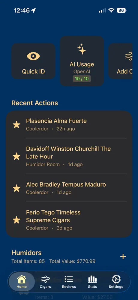 Humidor Journal Pro home screen with inventory overview