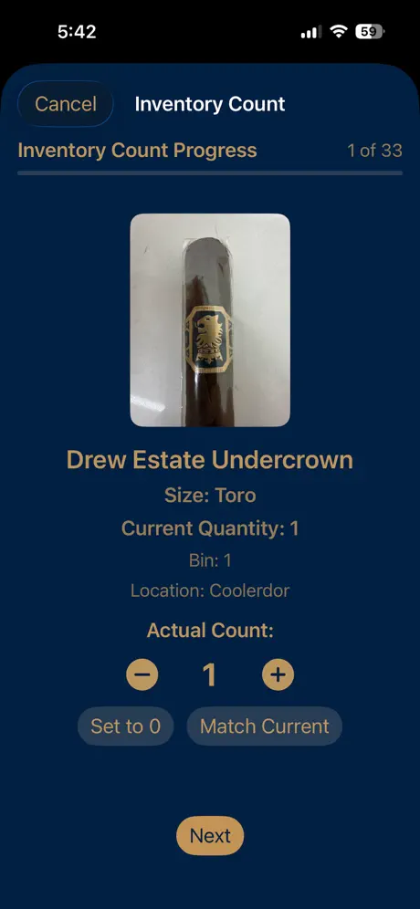 Humidor Journal Pro inventory count screen